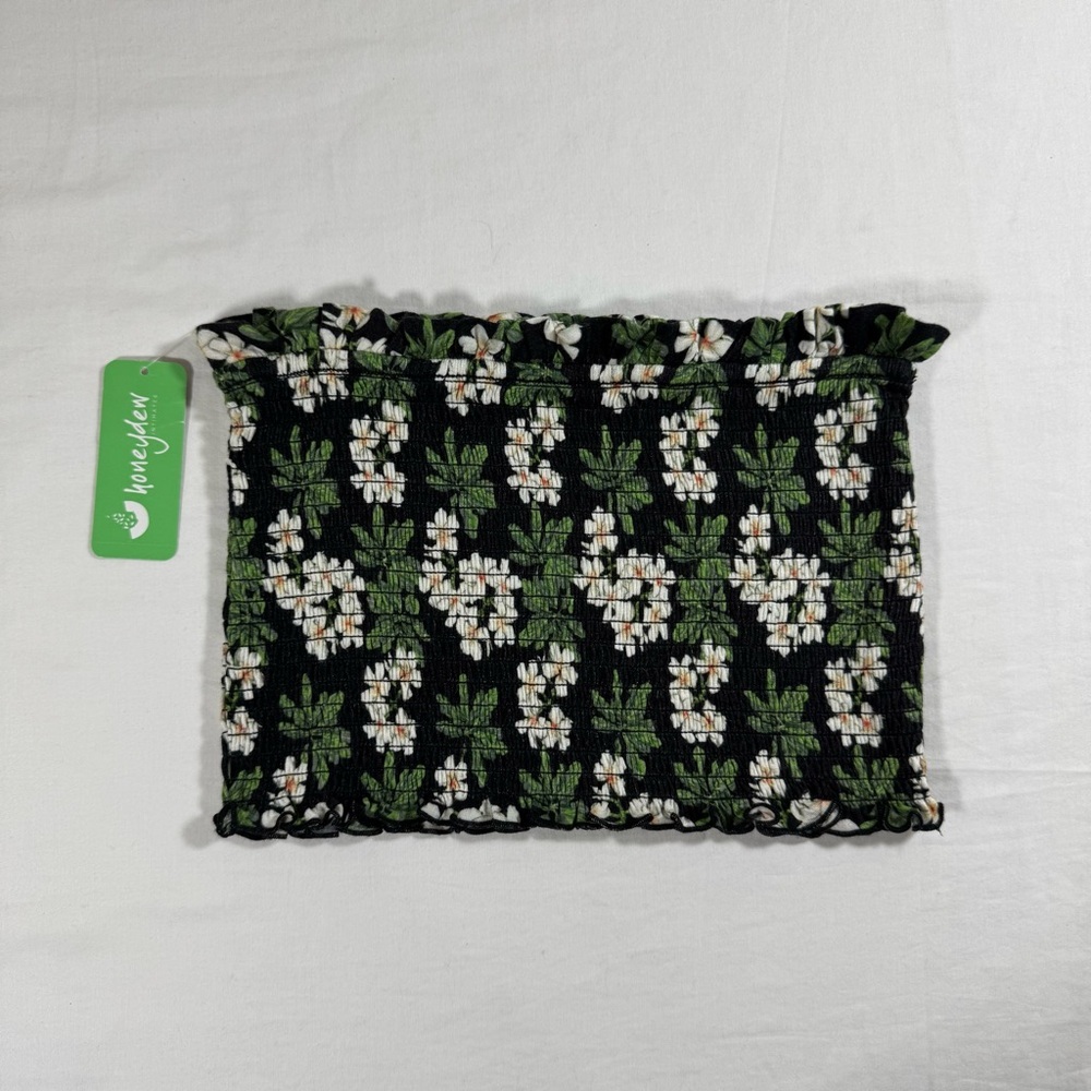 NWT Honeydew Boho Cottage-Core Black Green &‎ White Floral Tube Top Size Medium